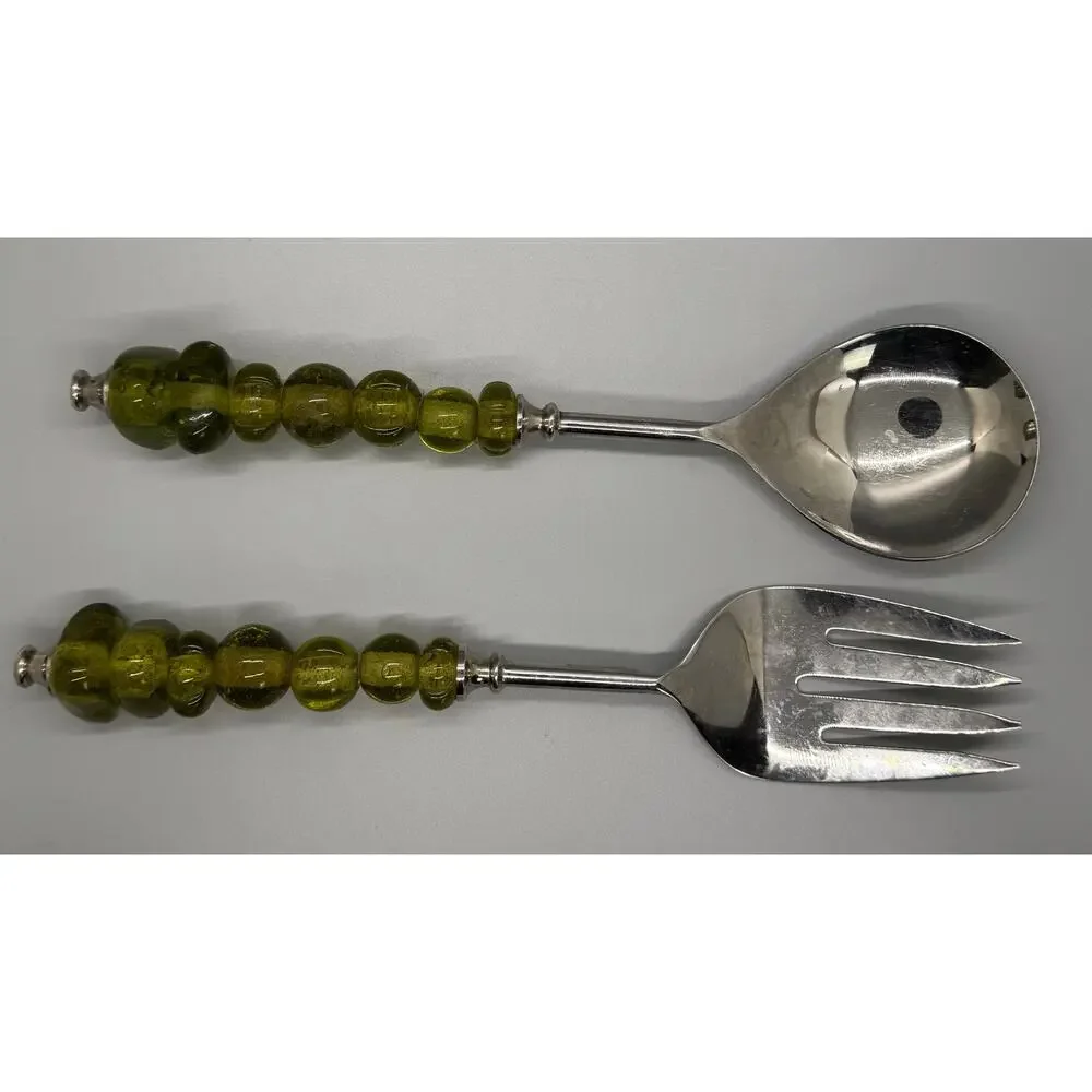 Serving Spoon And Fork Green Amber Color Glass Beaded Handle Set Of 2 Polished